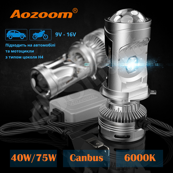 Міні лінзи Aozoom H4 Bi-LED mini цоколь H4 40W / 75W на лінзу 12В 6000K Canbus